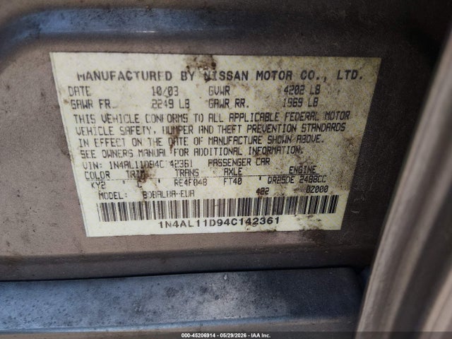 Aukcja sprzedaży 2004 Nissan Altima 2.5 S, vin: 1N4AL11D94C142361, numer aukcji: 45206914