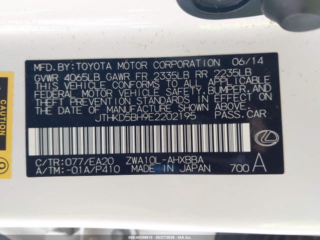 45206918 :رقم المزاد ، JTHKD5BH9E2202195 vin ، 2014 Lexus Ct 200h مزاد بيع