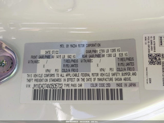 45206920 :رقم المزاد ، JM1NDAD74N0505702 vin ، 2022 Mazda Mx-5 Miata Grand Touring مزاد بيع