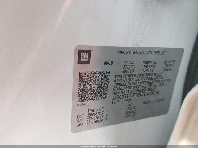 Aukcja sprzedaży 2018 Chevrolet Colorado Lt, vin: 1GCGTCEN5J1325170, numer aukcji: 45206928