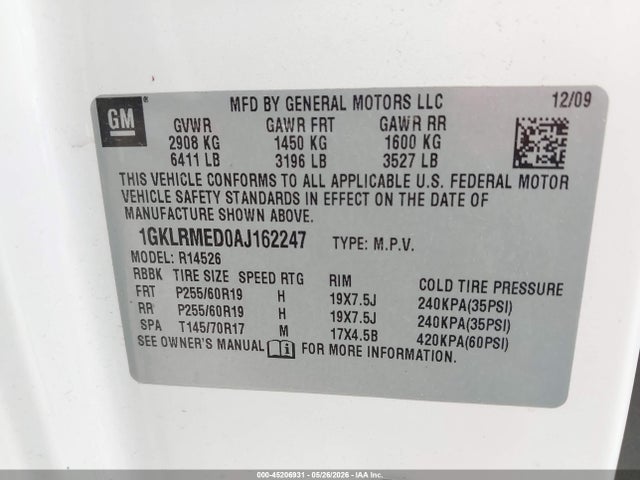 2010 Gmc Acadia Slt-1 მანქანა იყიდება აუქციონზე, vin: 1GKLRMED0AJ162247, აუქციონის ნომერი: 45206931