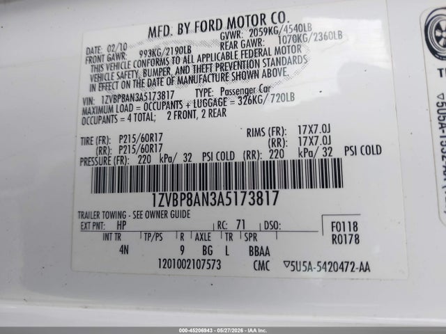 Продажа на аукционе авто 2010 Ford Mustang V6/v6 Premium, vin: 1ZVBP8AN3A5173817, номер лота: 45206943
