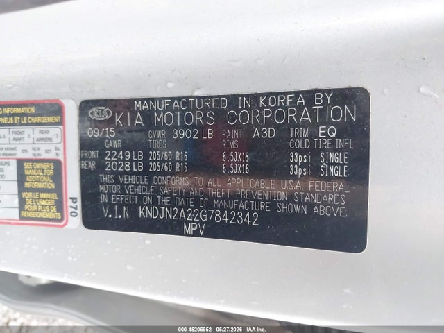 Aukcja sprzedaży 2016 Kia Soul, vin: KNDJN2A22G7842342, numer aukcji: 45206952