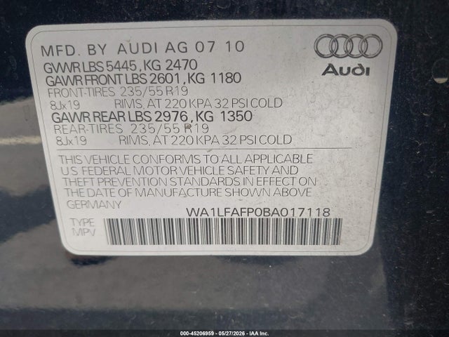 Продаж на аукціоні авто 2011 Audi Q5 2.0t Premium, vin: WA1LFAFP0BA017118, номер лоту: 45206959
