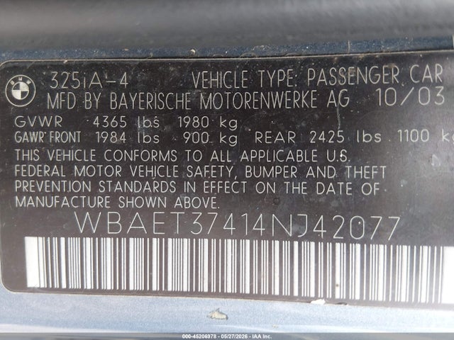 2004 Bmw 325i მანქანა იყიდება აუქციონზე, vin: WBAET37414NJ42077, აუქციონის ნომერი: 45206978
