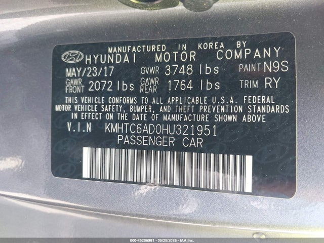 Продажа на аукционе авто 2017 Hyundai Veloster Value Edition, vin: KMHTC6AD0HU321951, номер лота: 45206981
