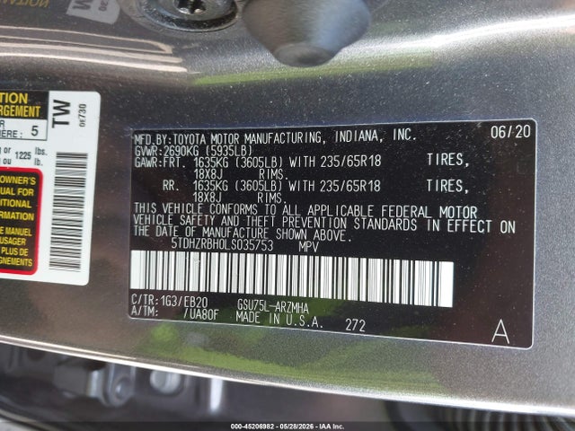 Продажа на аукционе авто 2020 Toyota Highlander Xle, vin: 5TDHZRBH0LS035753, номер лота: 45206982