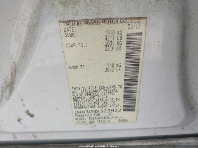 45206983 :رقم المزاد ، 1N4AL3AP5DN529922 vin ، 2013 Nissan Altima 2.5 S مزاد بيع