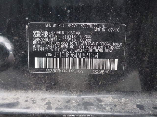 45206996 :رقم المزاد ، JF1GH6B64AH821154 vin ، 2010 Subaru Impreza 2.5i Premium مزاد بيع