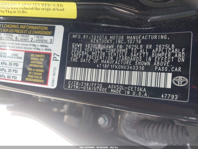 4T1BF1FK0HU343316 Toyota CAMRY SE