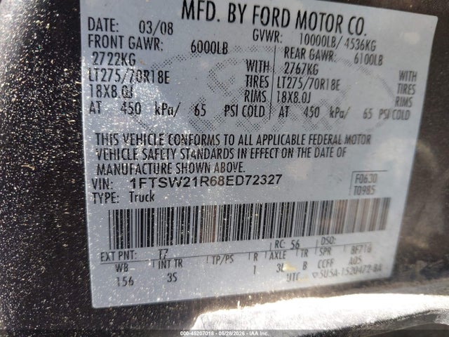Aukcja sprzedaży 2008 Ford F-250 Fx4/harley-davidson/king Ranch/lariat/xl/xlt, vin: 1FTSW21R68ED72327, numer aukcji: 45207018