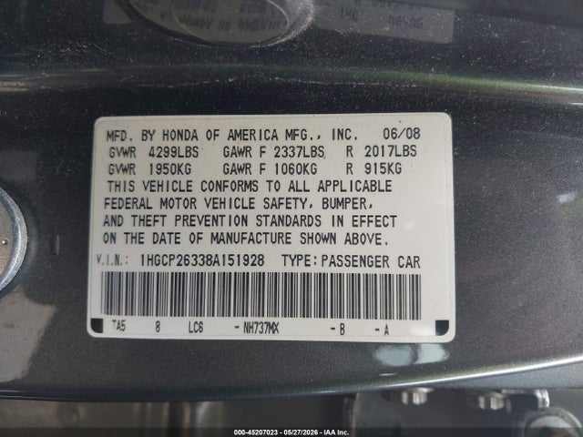 Aukcja sprzedaży 2008 Honda Accord 2.4 Lx, vin: 1HGCP26338A151928, numer aukcji: 45207023