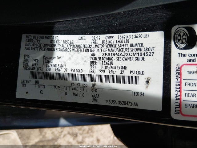 Aukcja sprzedaży 2012 Ford Fiesta S, vin: 3FADP4AJXCM184527, numer aukcji: 45207025