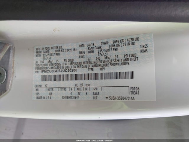 Продаж на аукціоні авто 2018 Ford Escape Se, vin: 1FMCU0GD7JUC50206, номер лоту: 45207029