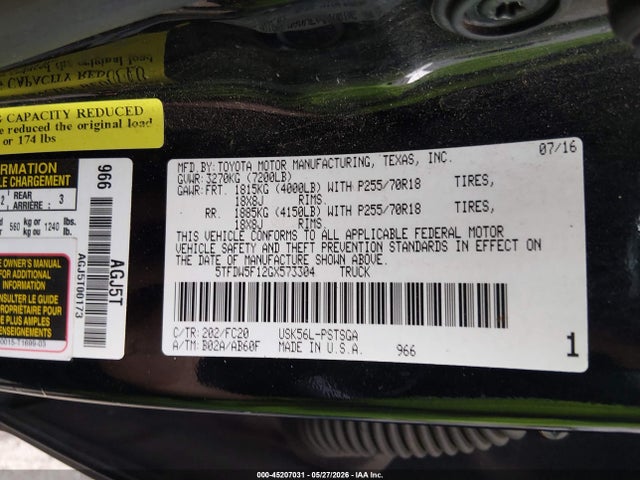 2016 Toyota Tundra Sr5 5.7l V8 მანქანა იყიდება აუქციონზე, vin: 5TFDW5F12GX573304, აუქციონის ნომერი: 45207031