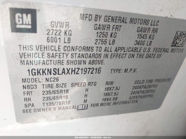 45207041 :رقم المزاد ، 1GKKNSLAXHZ197216 vin ، 2017 Gmc Acadia Sle-2 مزاد بيع