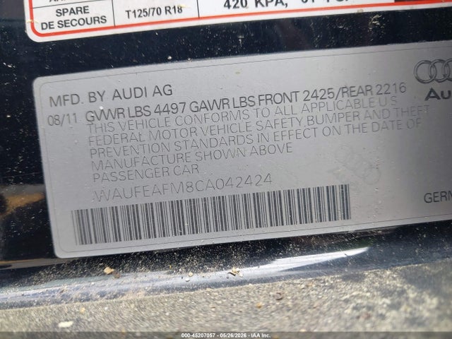 45207057 :رقم المزاد ، WAUFEAFM8CA042424 vin ، 2012 Audi A3 2.0t Premium مزاد بيع