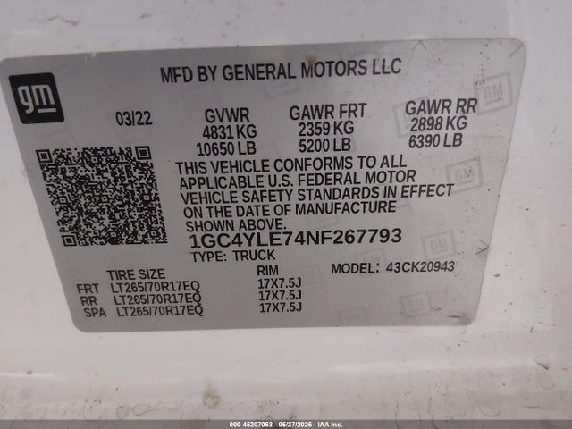 1GC4YLE74NF267793 Chevrolet Silverado 2500hd 4wd Long Bed Wt