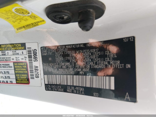 Продажа на аукционе авто 2013 Toyota Sienna Xle V6 8 Passenger, vin: 5TDYK3DC2DS303965, номер лота: 45207067
