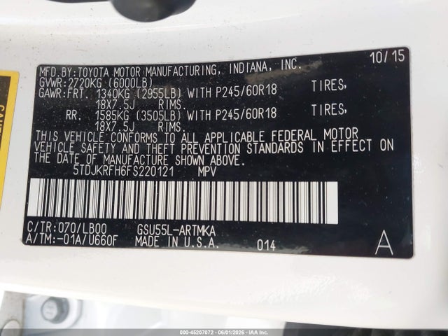 Aukcja sprzedaży 2015 Toyota Highlander Xle V6, vin: 5TDJKRFH6FS220121, numer aukcji: 45207072