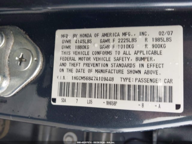 2007 Honda Accord 2.4 Ex მანქანა იყიდება აუქციონზე, vin: 1HGCM56847A109448, აუქციონის ნომერი: 45207074