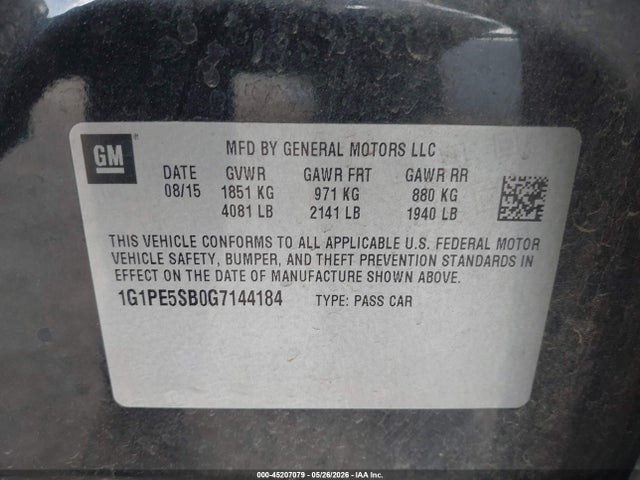 45207079 :رقم المزاد ، 1G1PE5SB0G7144184 vin ، 2016 Chevrolet Cruze Limited 1lt Auto مزاد بيع