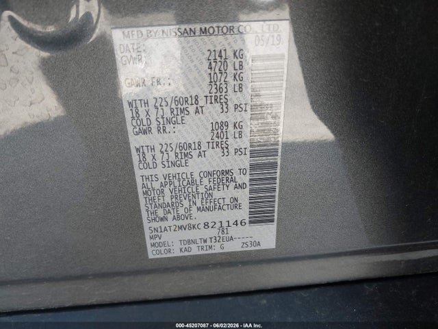 Продажа на аукционе авто 2019 Nissan Rogue Sv, vin: 5N1AT2MV8KC821146, номер лота: 45207087