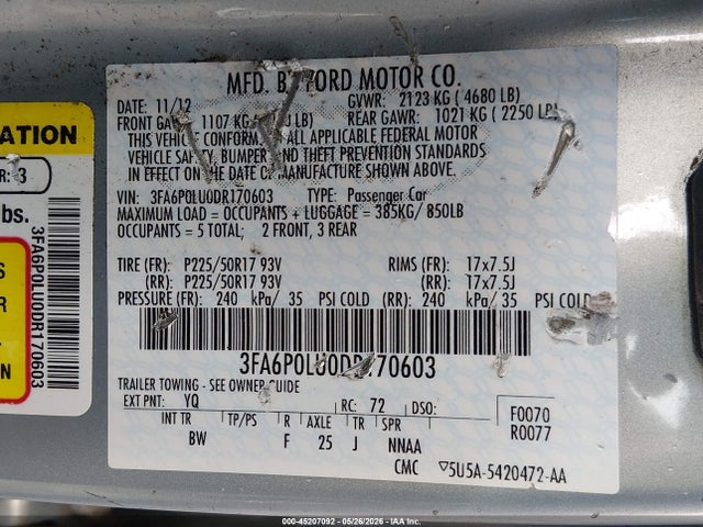 2013 Ford Fusion Hybrid Se მანქანა იყიდება აუქციონზე, vin: 3FA6P0LU0DR170603, აუქციონის ნომერი: 45207092