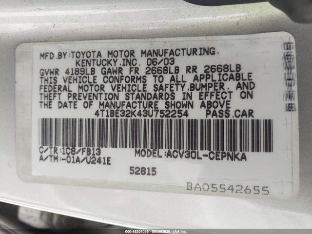 45207095 :رقم المزاد ، 4T1BE32K43U752254 vin ، 2003 Toyota Camry Le مزاد بيع