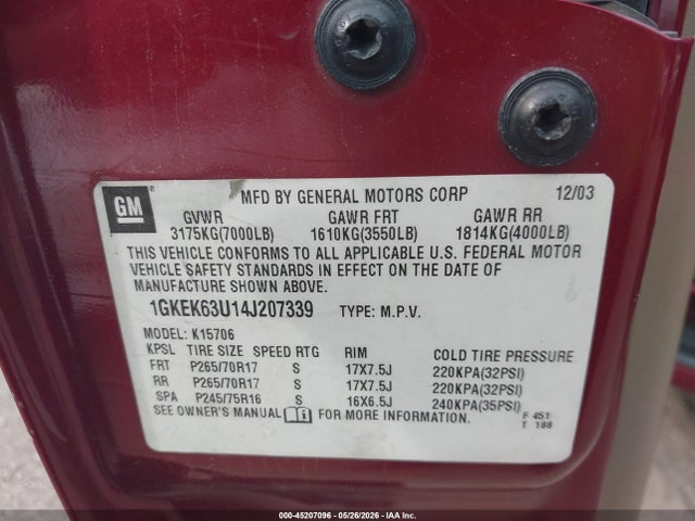 45207096 :رقم المزاد ، 1GKEK63U14J207339 vin ، 2004 Gmc Yukon Denali مزاد بيع