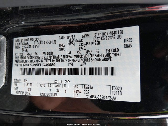 2015 Ford Escape Titanium მანქანა იყიდება აუქციონზე, vin: 1FMCU9J95FUC39589, აუქციონის ნომერი: 45207123