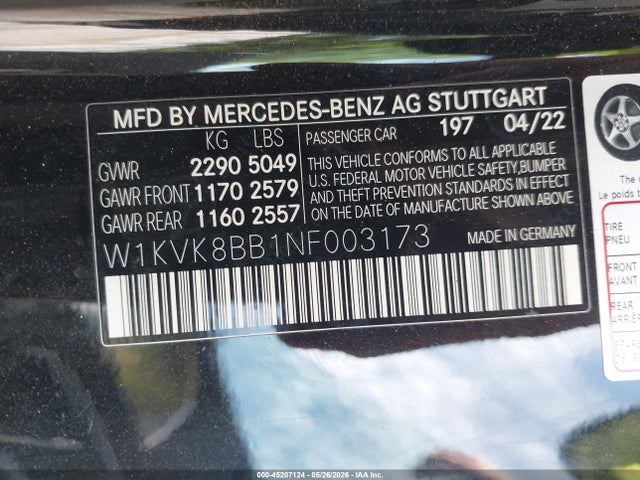 Aukcja sprzedaży 2022 Mercedes-benz Amg Sl 63 4matic, vin: W1KVK8BB1NF003173, numer aukcji: 45207124