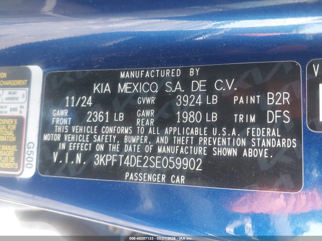 Aukcja sprzedaży 2025 Kia K4 Lxs, vin: 3KPFT4DE2SE059902, numer aukcji: 45207133