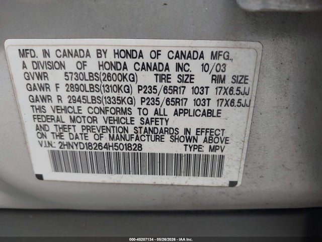 45207134 :رقم المزاد ، 2HNYD18264H501828 vin ، 2004 Acura Mdx مزاد بيع