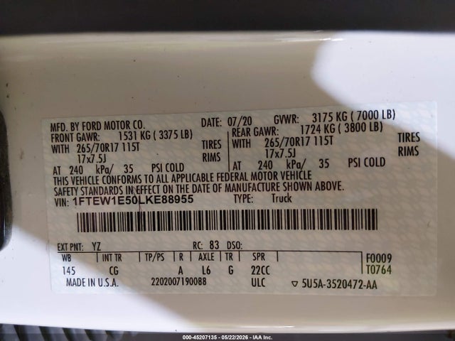 Ford F-150 Xl 2020 1FTEW1E50LKE88955 Image 9