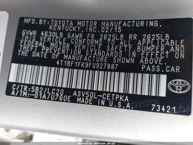 45207136 :رقم المزاد ، 4T1BF1FK9FU927887 vin ، 2015 Toyota Camry Xse مزاد بيع