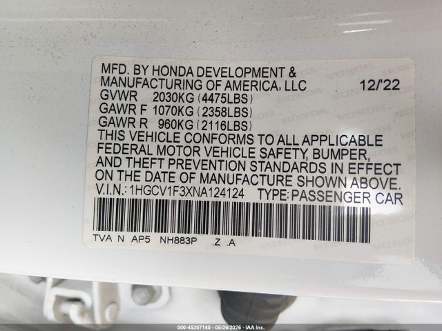 Aukcja sprzedaży 2022 Honda Accord Sport, vin: 1HGCV1F3XNA124124, numer aukcji: 45207140