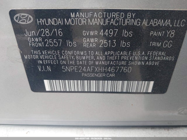 45207149 :رقم المزاد ، 5NPE24AFXHH467760 vin ، 2017 Hyundai Sonata مزاد بيع