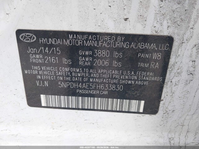 2015 Hyundai Elantra Se მანქანა იყიდება აუქციონზე, vin: 5NPDH4AE5FH633830, აუქციონის ნომერი: 45207150