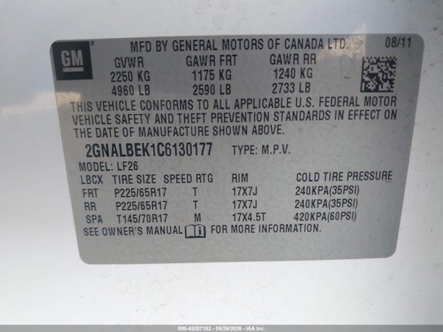 45207182 :رقم المزاد ، 2GNALBEK1C6130177 vin ، 2012 Chevrolet Equinox Ls مزاد بيع