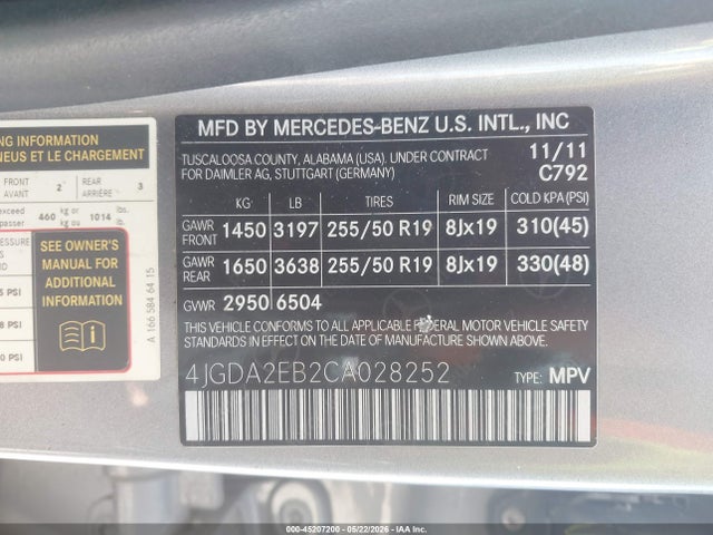 45207200 :رقم المزاد ، 4JGDA2EB2CA028252 vin ، 2012 Mercedes-benz Ml 350 Bluetec 4matic مزاد بيع