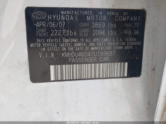 2007 Hyundai Elantra Gls/limited/se მანქანა იყიდება აუქციონზე, vin: KMHDU46D47U199687, აუქციონის ნომერი: 45207216