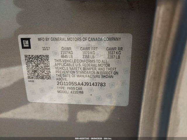 Продажа на аукционе авто 2018 Chevrolet Impala 1lt, vin: 2G1105SA4J9143783, номер лота: 45207242