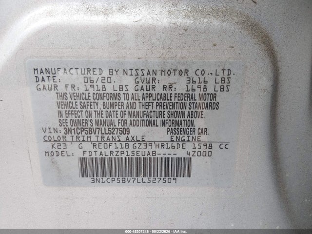 3N1CP5BV7LL527509 Nissan Kicks S Xtronic Cvt