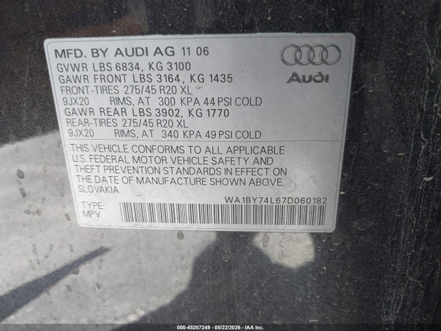 2007 Audi Q7 3.6 Premium მანქანა იყიდება აუქციონზე, vin: WA1BY74L67D060182, აუქციონის ნომერი: 45207249