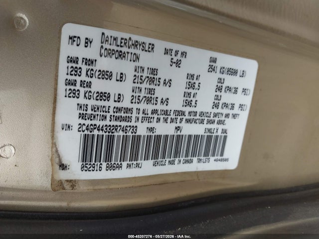 2002 Chrysler Town & Country Lx მანქანა იყიდება აუქციონზე, vin: 2C4GP44332R746733, აუქციონის ნომერი: 45207276