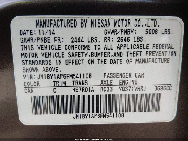 Продажа на аукционе авто 2015 Infiniti Q70 3.7, vin: JN1BY1AP6FM541108, номер лота: 45207304