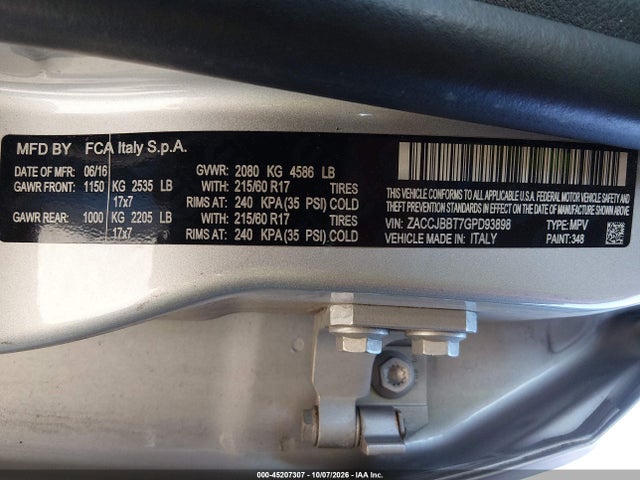 Aukcja sprzedaży 2016 Jeep Renegade Latitude, vin: ZACCJBBT7GPD93898, numer aukcji: 45207307