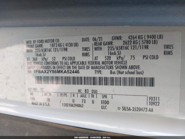 Продажа на аукционе авто 2021 Ford Transit-350 Passenger Van Xl, vin: 1FBAX2Y86MKA52446, номер лота: 45207318