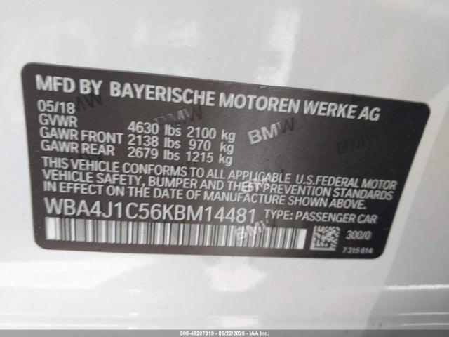 45207319 :رقم المزاد ، WBA4J1C56KBM14481 vin ، 2019 Bmw 430i Gran Coupe مزاد بيع